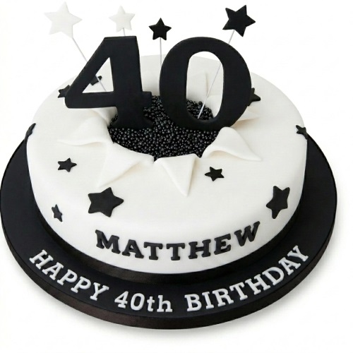Round black and white birthday cake with large custom age topper and star decorations.
