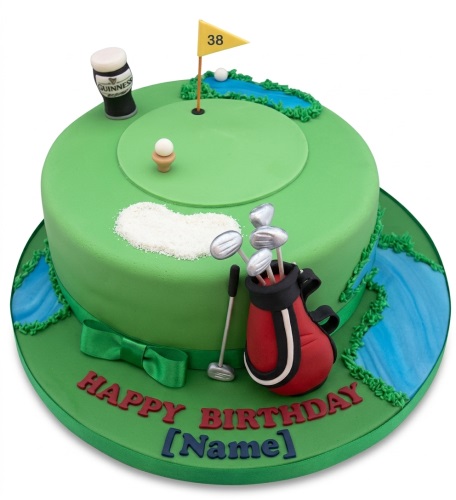Round green golf course birthday cake with golf clubs, golf balls, Guinness pint, and custom age flag