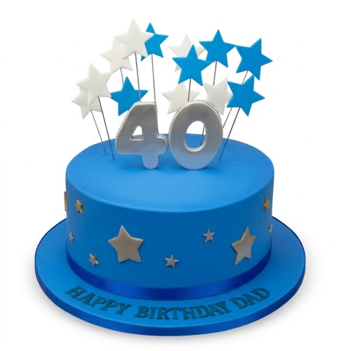 Blue single-tier birthday cake with silver custom age topper and blue and white star decorations.