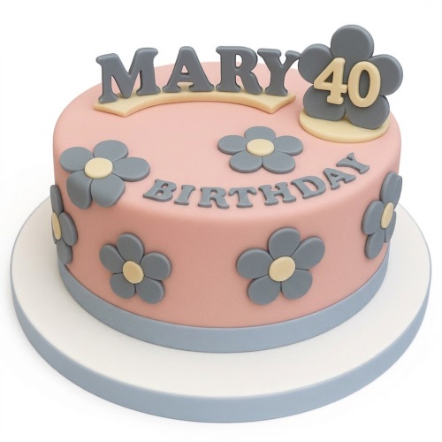 Pink birthday cake with grey and cream flowers, custom age topper, and personalised name.
