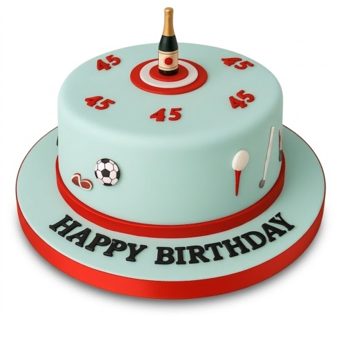 Light blue two-tier birthday cake with sports decorations, champagne bottle, target, and custom age toppers.