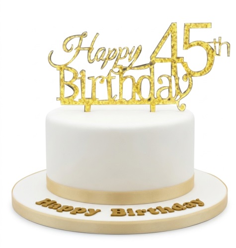 White single-tier birthday cake with gold ribbon, gold 'Happy Birthday' lettering, and a custom age topper.