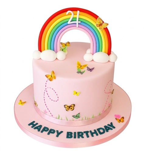 Pink round birthday cake with a rainbow arch, white clouds, colourful butterflies, and a custom age topper.
