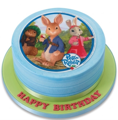 Round blue Peter Rabbit birthday cake with edible image topper and 'Happy Birthday' message