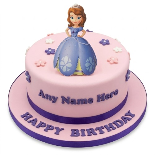 Pink Sofia the First birthday cake with princess topper, purple ribbon, and fondant flowers.