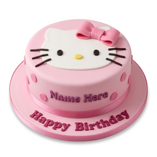 Round pink Hello Kitty birthday cake with a white Hello Kitty face, pink bow, and polka dots, with space for a custom name and message.