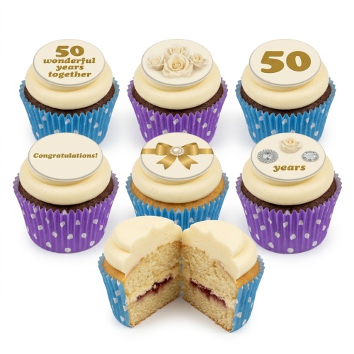 Set of 50th anniversary cupcakes with gold '50', '50 wonderful years together', roses, and bow toppers.