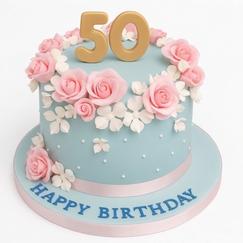Round pastel blue cake with pink sugar roses, white flowers, and a gold custom age topper.