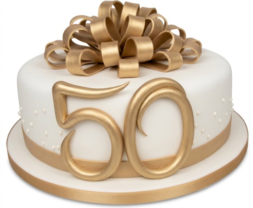 White and gold adult birthday cake with a large gold bow and custom age '50'.
