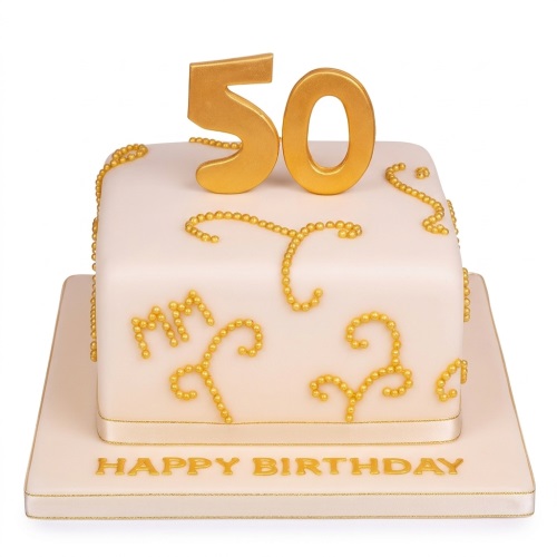 Elegant white square birthday cake with gold beaded swirl decorations and a gold custom age topper.