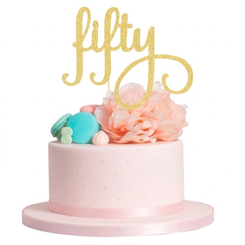 Pink single-tier birthday cake with a large pink flower, pastel macarons, and a gold glitter custom age topper.