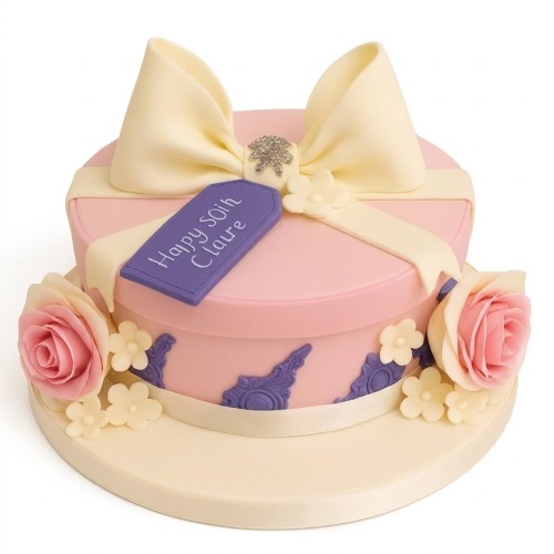 Pink gift box birthday cake with cream bow, sparkling brooch, pink roses, and purple accents.
