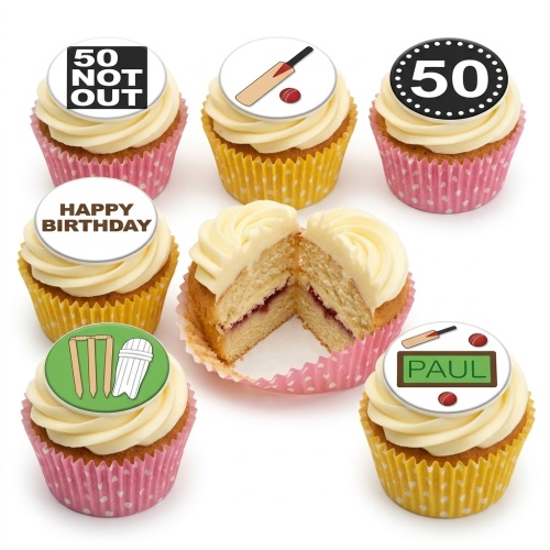 Cricket themed cupcakes with '50 Not Out' and cricket bat toppers for a 50th birthday.