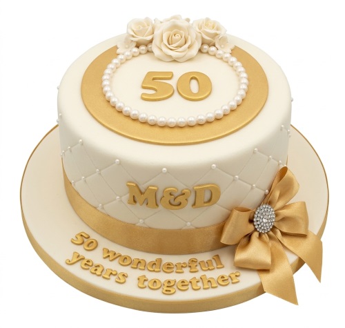 Elegant round white and gold 50th anniversary cake with pearls, roses, and custom initials.