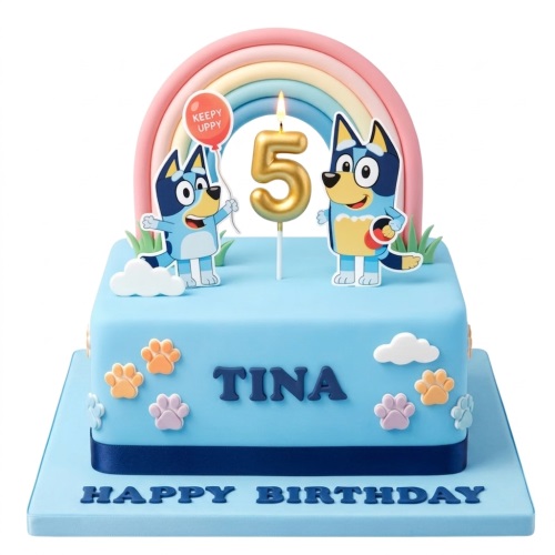 Light blue square Bluey birthday cake with rainbow, Bluey and Bingo characters, colourful paw prints, and a gold number candle.
