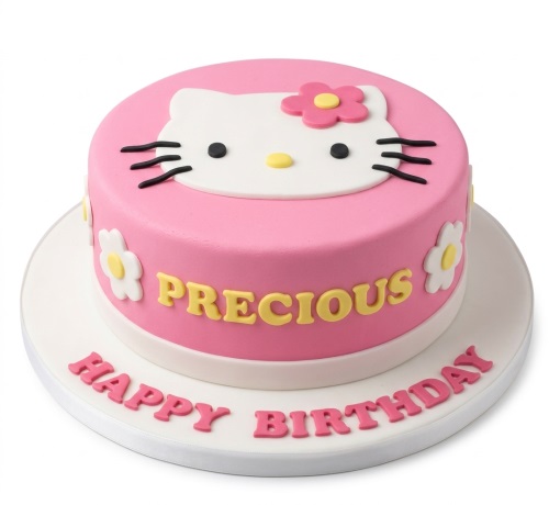 Pink round Hello Kitty birthday cake with white daisies and yellow text.