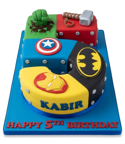 Number shaped superhero cake with Hulk, Thor, Captain America, Batman, and Iron Man decorations.