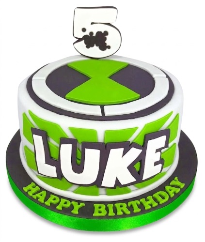 Round white Ben 10 themed birthday cake with green and black Omnitrix symbol, custom age topper, and personalised name.