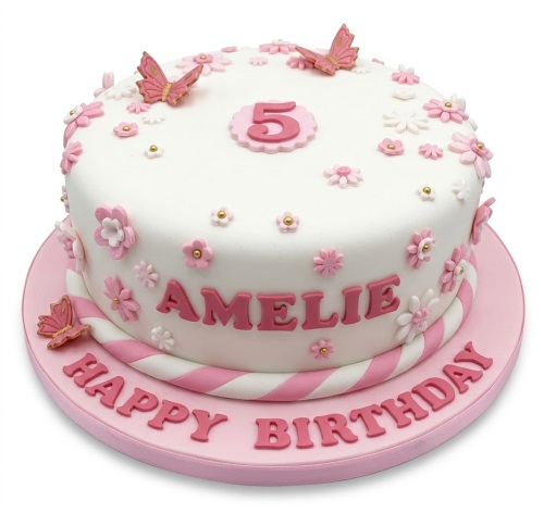 White round birthday cake with pink butterflies and various pink and white sugar flowers, with a custom age topper.