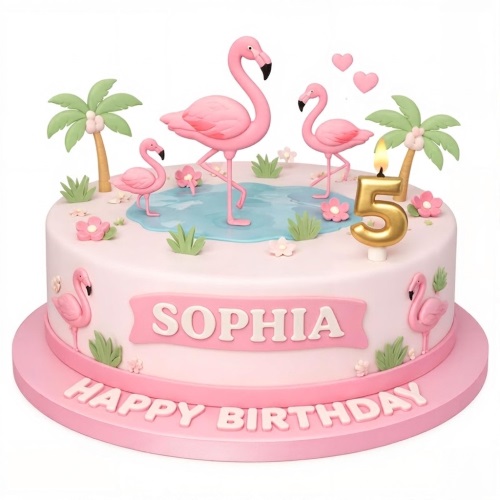 Pink flamingo birthday cake with palm trees, flowers, and a custom age candle