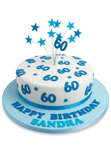 White round cake with blue '60' numbers and stars, blue starburst topper with '60', and 'Happy Birthday' message on board.