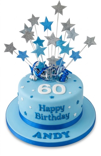 Light blue birthday cake with silver and blue glitter star toppers, and a custom age topper.