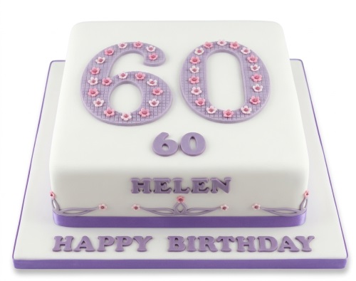 White square birthday cake with purple floral custom age numbers and a personalised name.