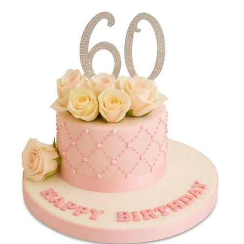 Pink birthday cake with cream roses and a custom age topper.