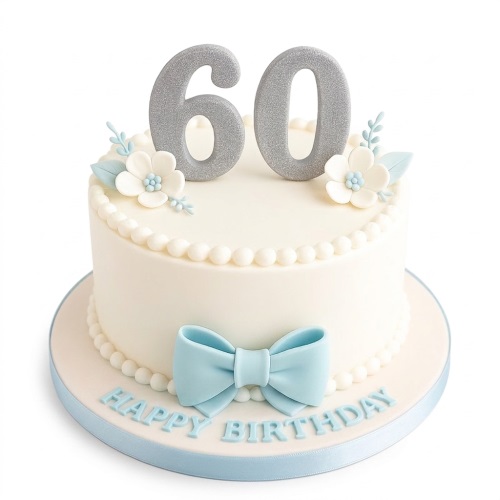 Elegant white birthday cake with silver custom age topper, blue bow, and white sugar flowers.