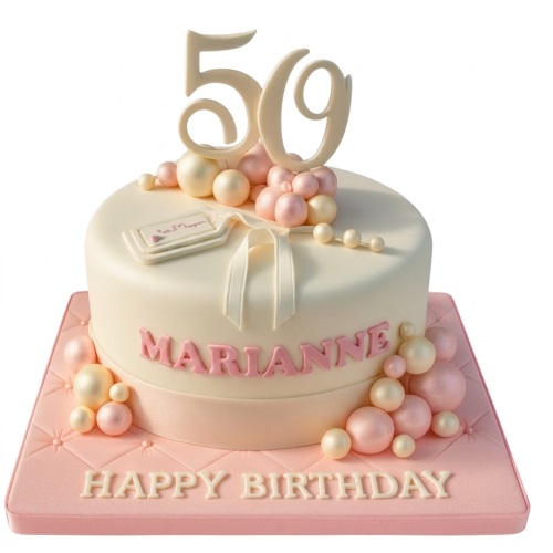 Elegant cream birthday cake with pink and cream pearls, ribbon, and custom age topper on a quilted pink board.