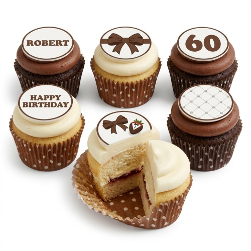 Gentleman's birthday cupcakes with bow tie, patterned, and custom message toppers, some with chocolate dipped strawberry.