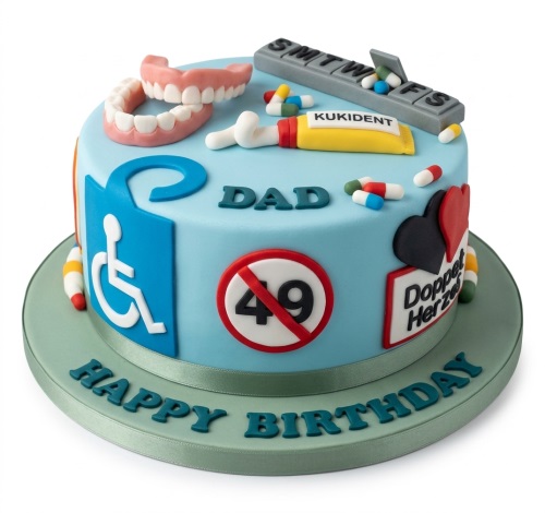 Light blue round cake with humorous aging theme decorations, including dentures, pill organiser, and a crossed-out age sign, with 'Happy Birthday Dad' on the base.