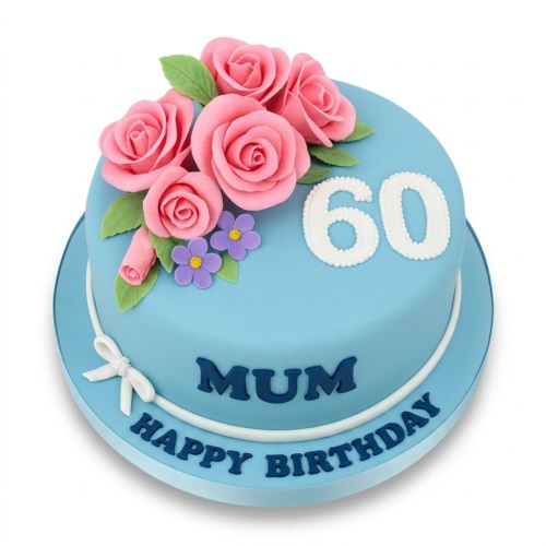Elegant blue fondant birthday cake with pink sugar roses, green leaves, purple flowers, a white custom age topper, and a personalised message.