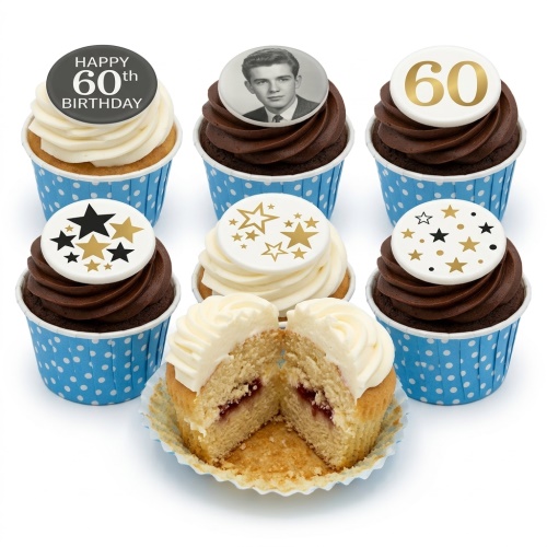 Six cupcakes with white and chocolate frosting, blue polka dot wrappers, featuring a custom photo, custom age, and gold and black star toppers.
