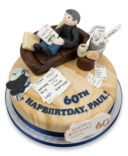 Round 60th birthday cake for a man, with a fondant figure relaxing on a sofa and customisable newspaper details.