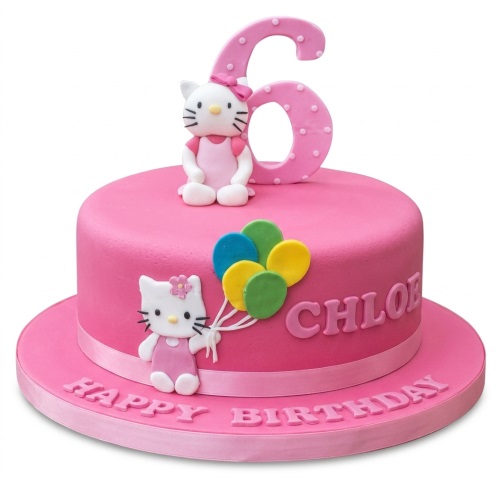 Pink Hello Kitty birthday cake with two Hello Kitty figures, colourful balloons, and a custom age topper.