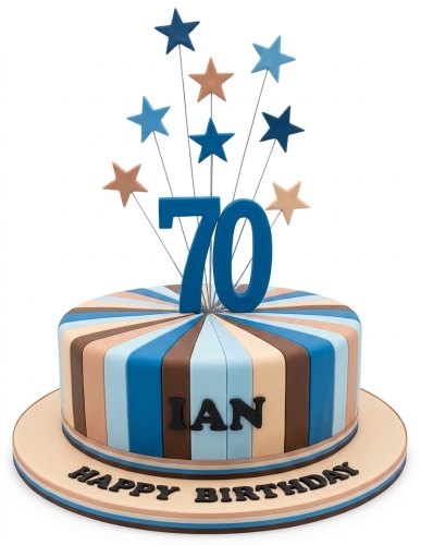 Round single-tier birthday cake with blue and brown stripes, star toppers, and a custom age number.