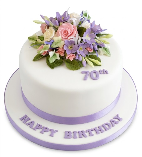 Round white birthday cake with pastel sugar flowers and a purple custom age topper.