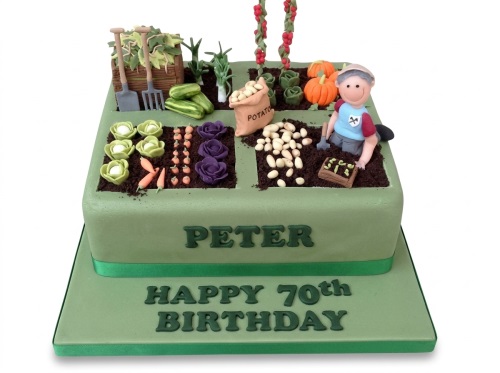 Square green cake with edible gardening allotment theme, vegetables, tools, and a gardener figure.