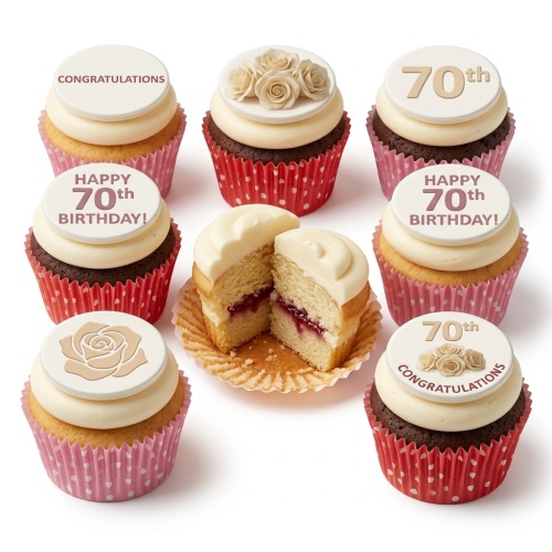 Assortment of 70th birthday cupcakes with white fondant, rose decorations, and 'Congratulations' messages.