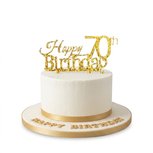 White 70th birthday cake with gold 'Happy 70th Birthday' topper and ribbon.
