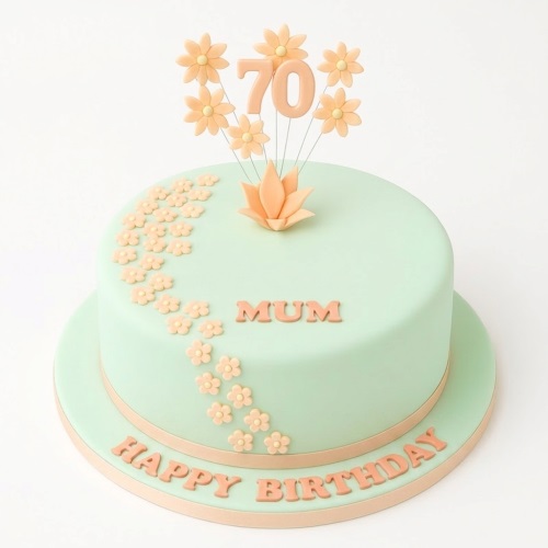 Round mint green birthday cake with peach daisy flowers and a custom age topper.