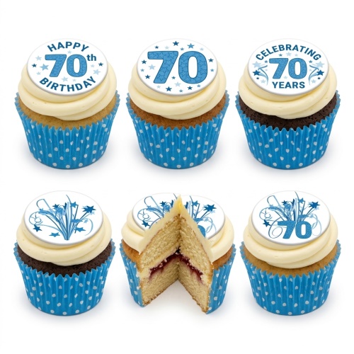 Set of six 70th birthday cupcakes with blue and white star-themed edible toppers and polka dot wrappers.