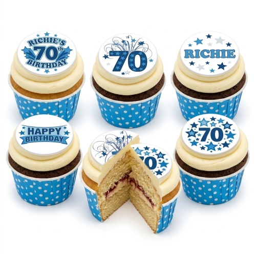 Set of blue star birthday cupcakes with white frosting, some with custom age 70 toppers, some with a name Richie, and one with 'Happy Birthday' banner.