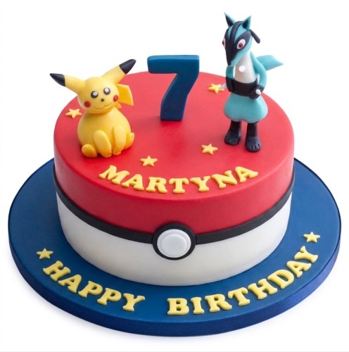 Round Pokémon themed birthday cake with Pikachu and Lucario figures, custom age topper, and personalised name.