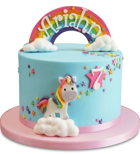 Light blue round cake with a white unicorn, rainbow arch, white clouds, and colourful stars, with a custom age topper.