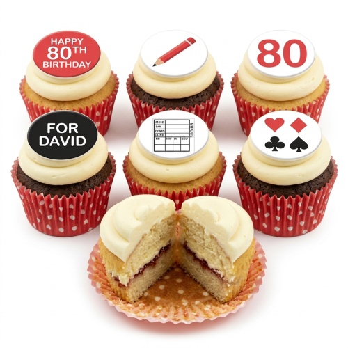 Cupcakes with bridge card game theme, custom age topper, and personalised message.