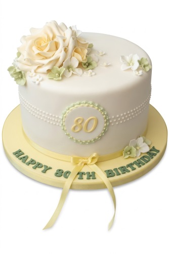 Elegant white 80th birthday cake with pale yellow sugar rose, green and white flowers, and 'Happy 80th Birthday' message.