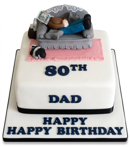 Two-tiered white fondant cake with a man sleeping on a sofa, a dog, and a custom age.