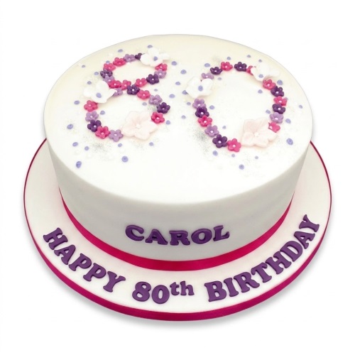 White round cake with pink and purple floral '80' on top and "Happy 80th Birthday" message.